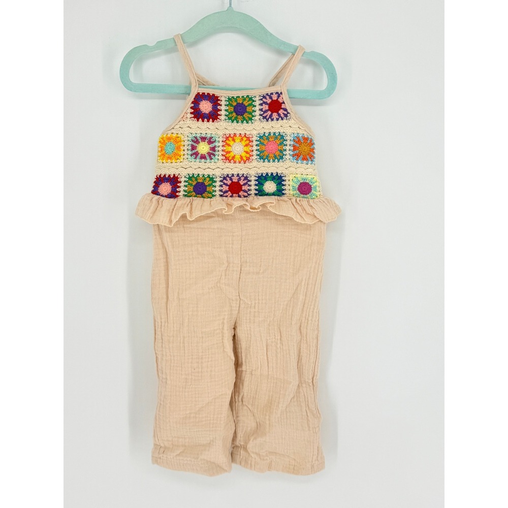 SHEIN Baby Girl Crochet Granny Square Gauze Jumpsuit Boho Hippie Size 9-12M